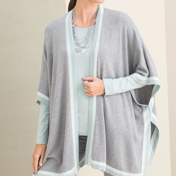 Chico's gray blue and white cashmere blend  Tipped ruana wrap Sz L/XL - Picture 9 of 9